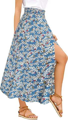 Sinono Women's Boho Floral High Waist Split A Line Full Length Maxi Draped Skirt
