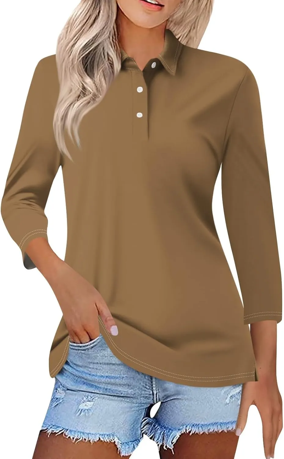 slqdgmryz Polo Shirts for Women 3/4 Sleeve Collared Work Business Casual Tops Funny Golf Button Three Quarter Length Blouses