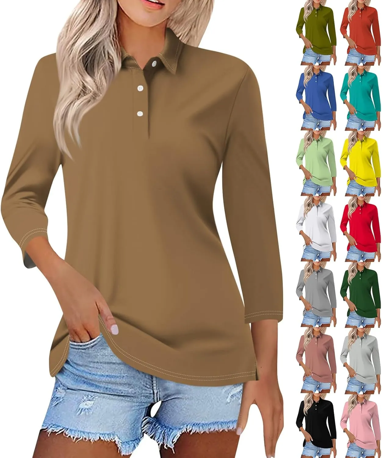 slqdgmryz Polo Shirts for Women 3/4 Sleeve Collared Work Business Casual Tops Funny Golf Button Three Quarter Length Blouses