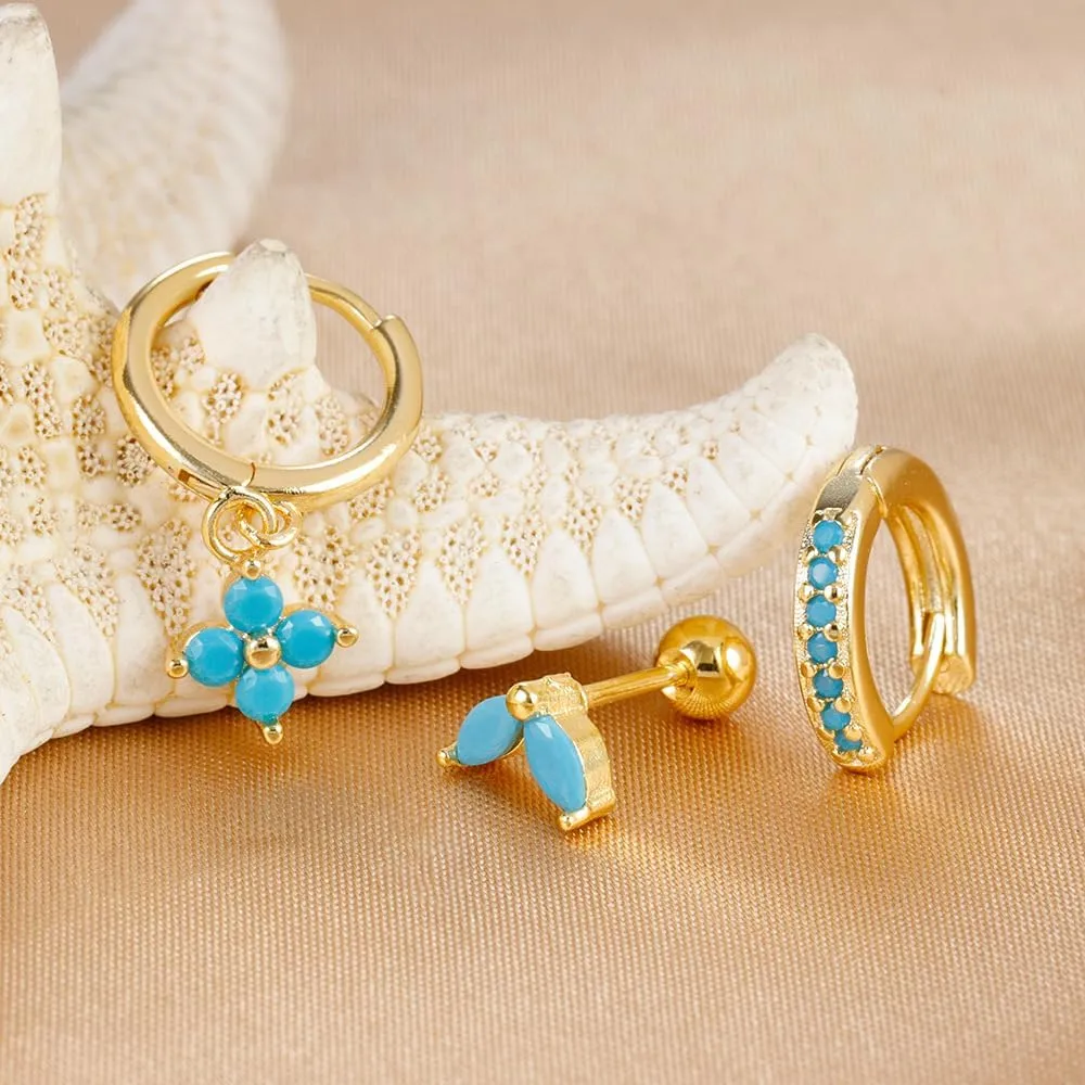 Small Gold Huggie Hoop Earrings Set for Women Turquoise Earrings 14K Gold Plated Cartilage Multiple Piercing Jewelry Hypoallergenic Sleeper
