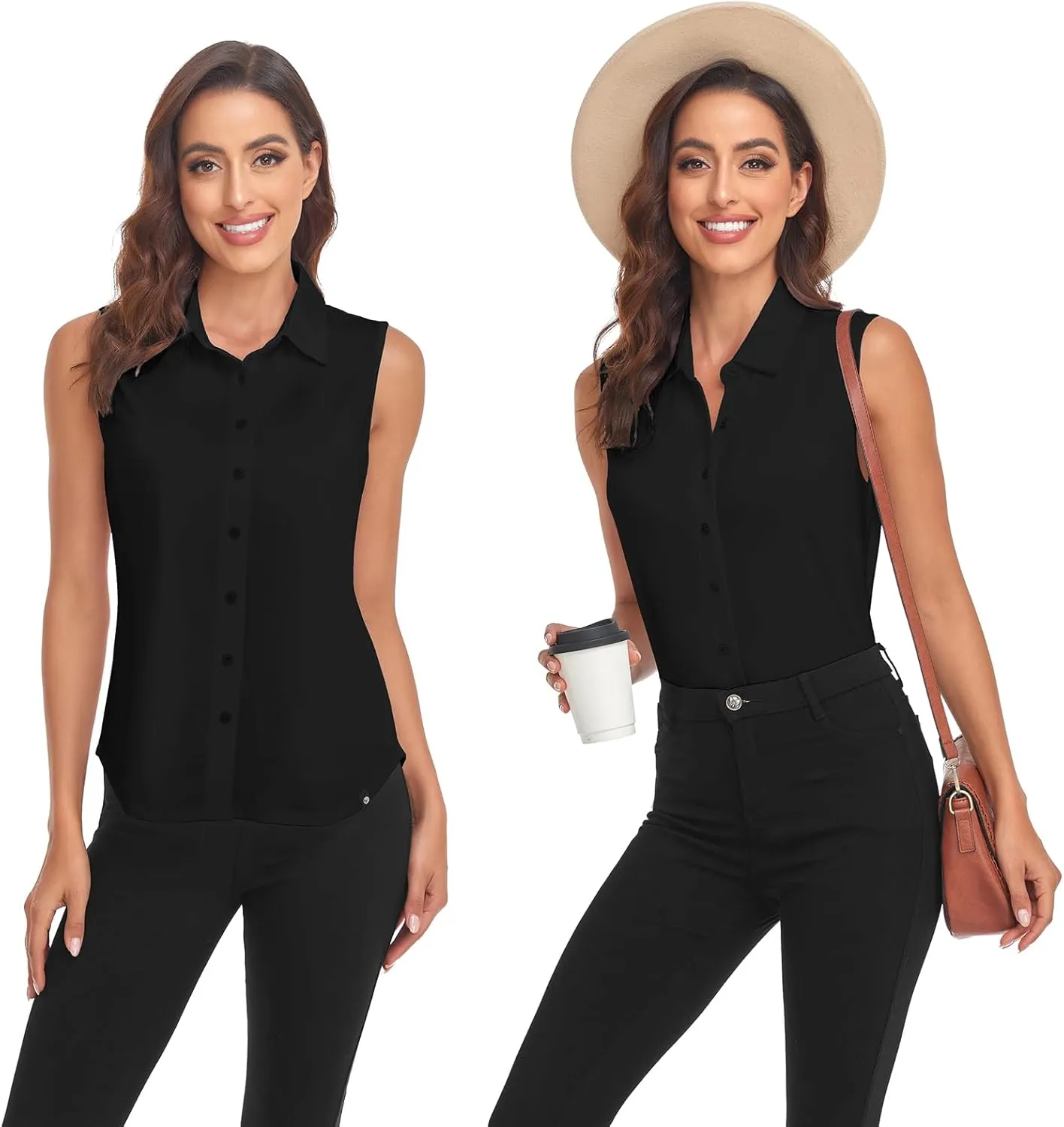 Soneven Womens Sleeveless Button Down Shirts Printed Golf Polo Shirts Business Casual Work Blouse Tops