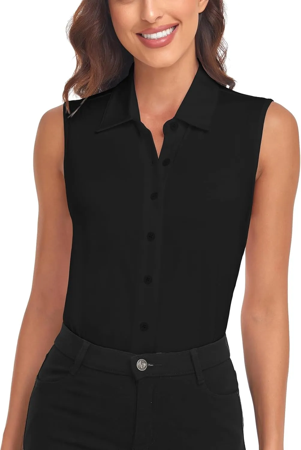 Soneven Womens Sleeveless Button Down Shirts Printed Golf Polo Shirts Business Casual Work Blouse Tops