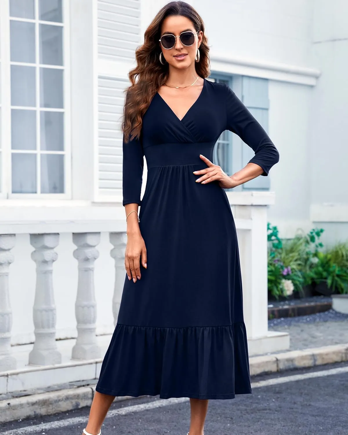 Summer Dresses for Women 2025 V Neck Sleeveless Empire Waist Maxi Dress Ruffle Hem A-Line Flowy Long Casual Dresses