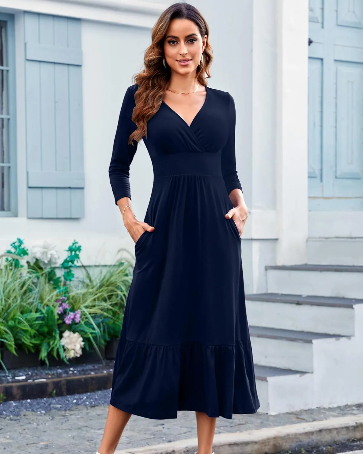 Summer Dresses for Women 2025 V Neck Sleeveless Empire Waist Maxi Dress Ruffle Hem A-Line Flowy Long Casual Dresses
