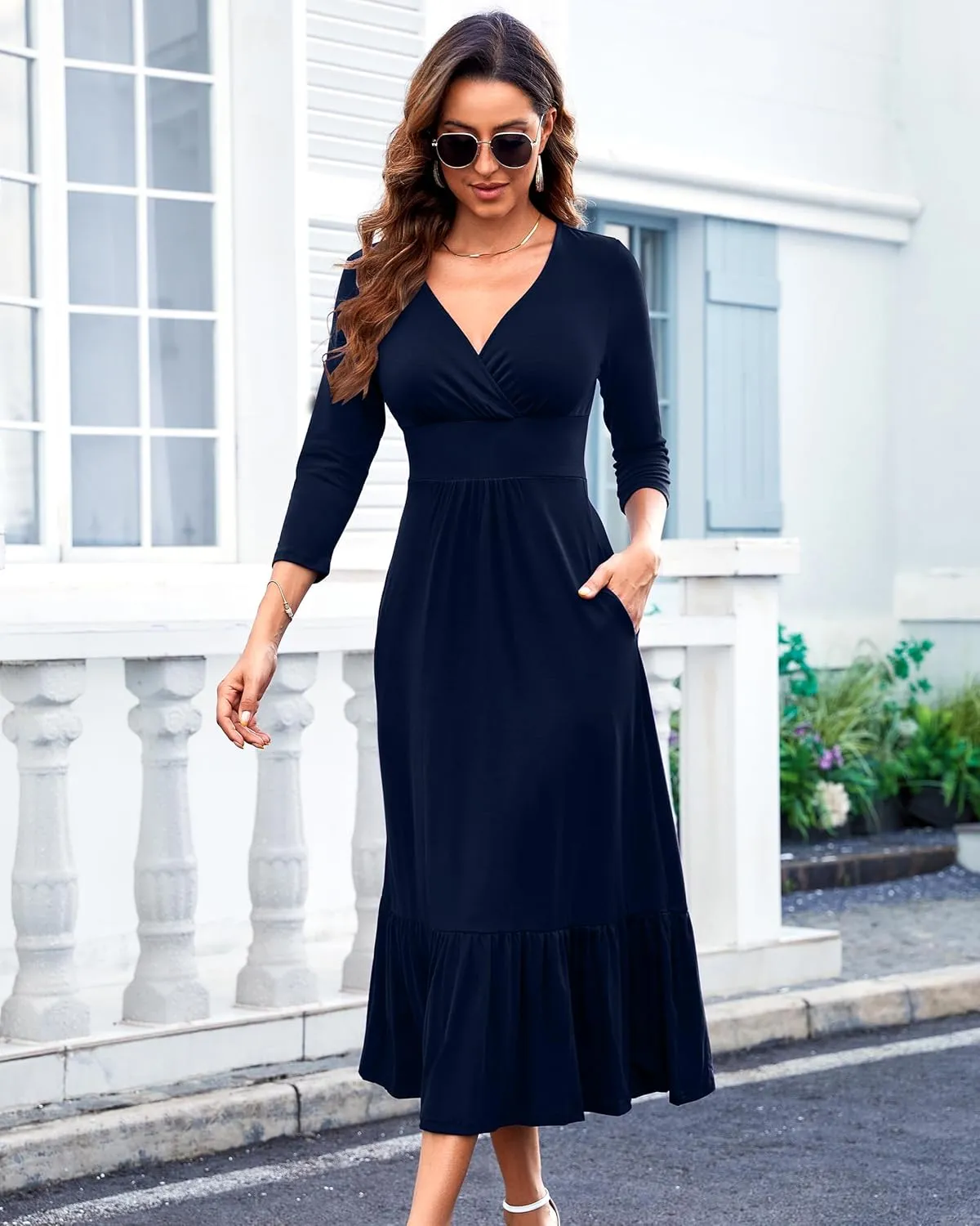 Summer Dresses for Women 2025 V Neck Sleeveless Empire Waist Maxi Dress Ruffle Hem A-Line Flowy Long Casual Dresses