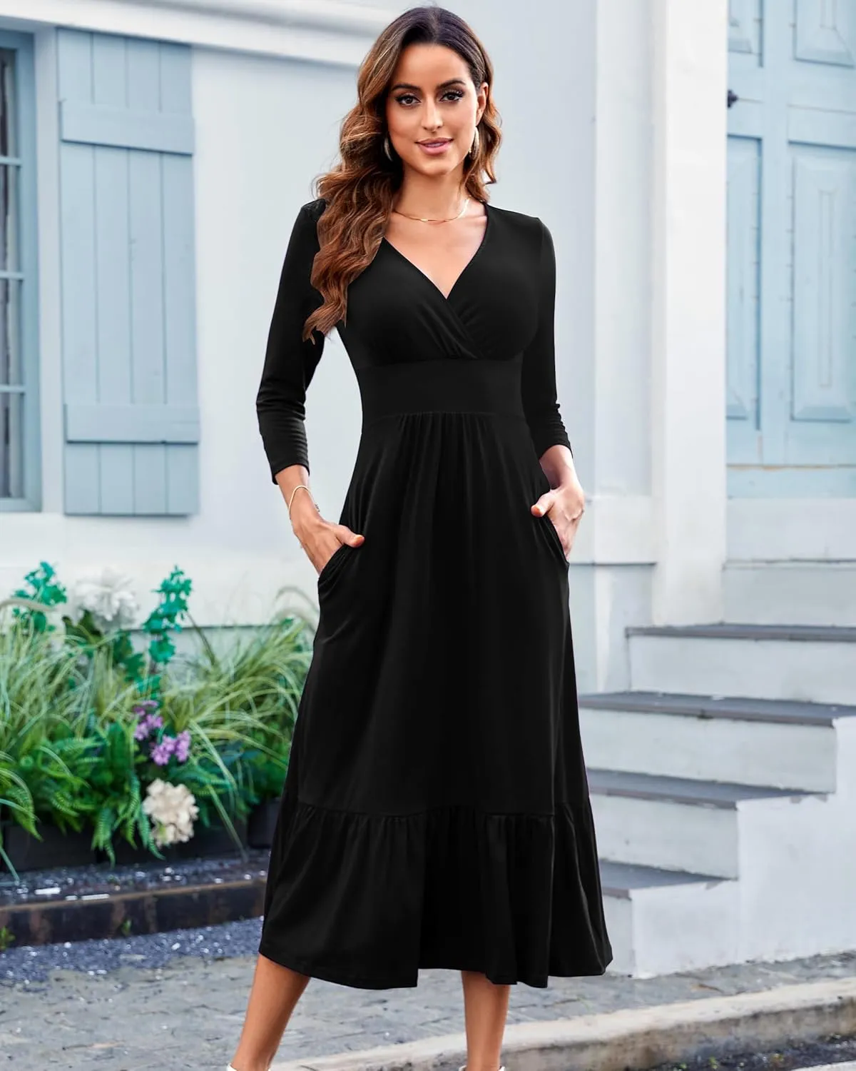 Summer Dresses for Women 2025 V Neck Sleeveless Empire Waist Maxi Dress Ruffle Hem A-Line Flowy Long Casual Dresses