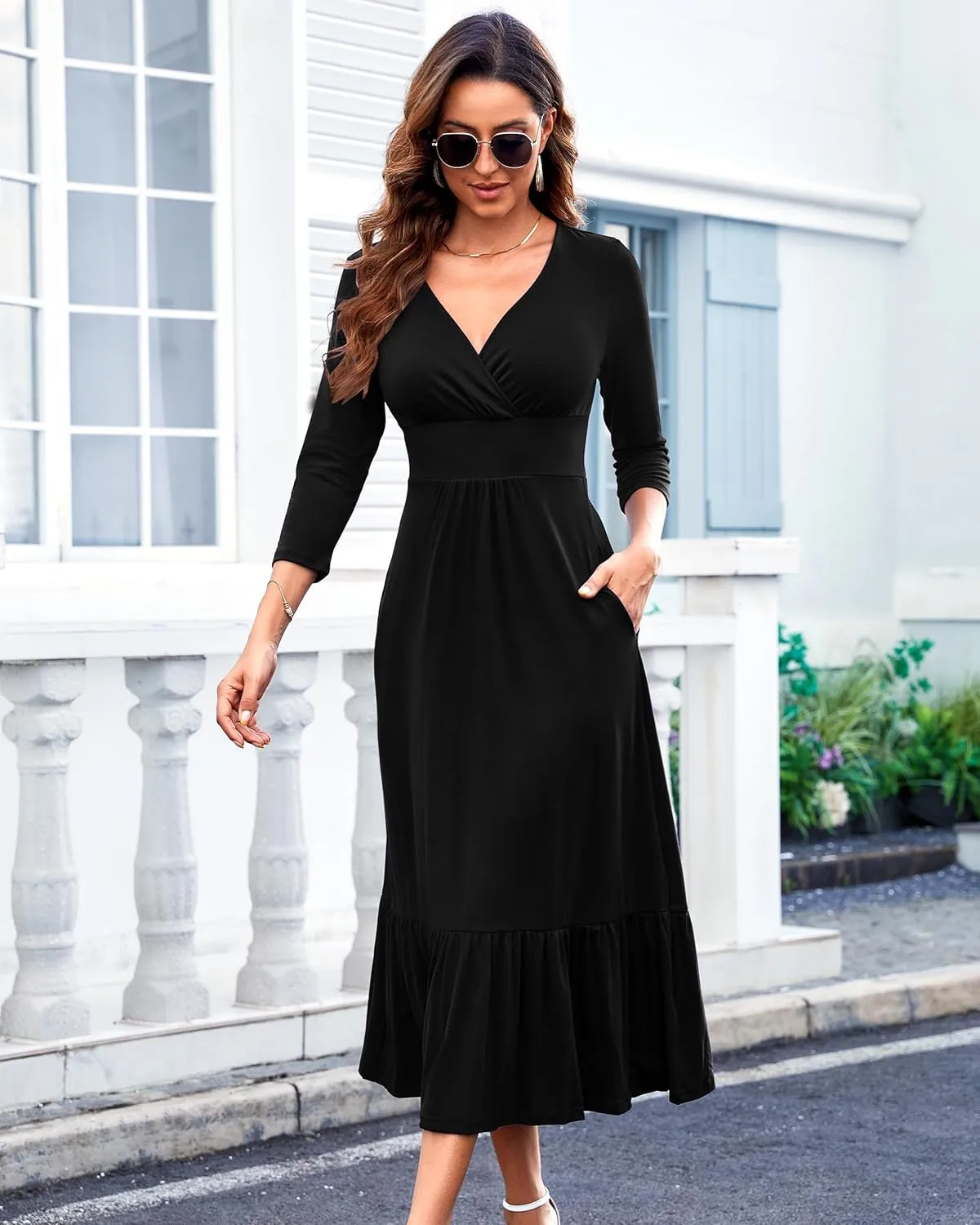 Summer Dresses for Women 2025 V Neck Sleeveless Empire Waist Maxi Dress Ruffle Hem A-Line Flowy Long Casual Dresses