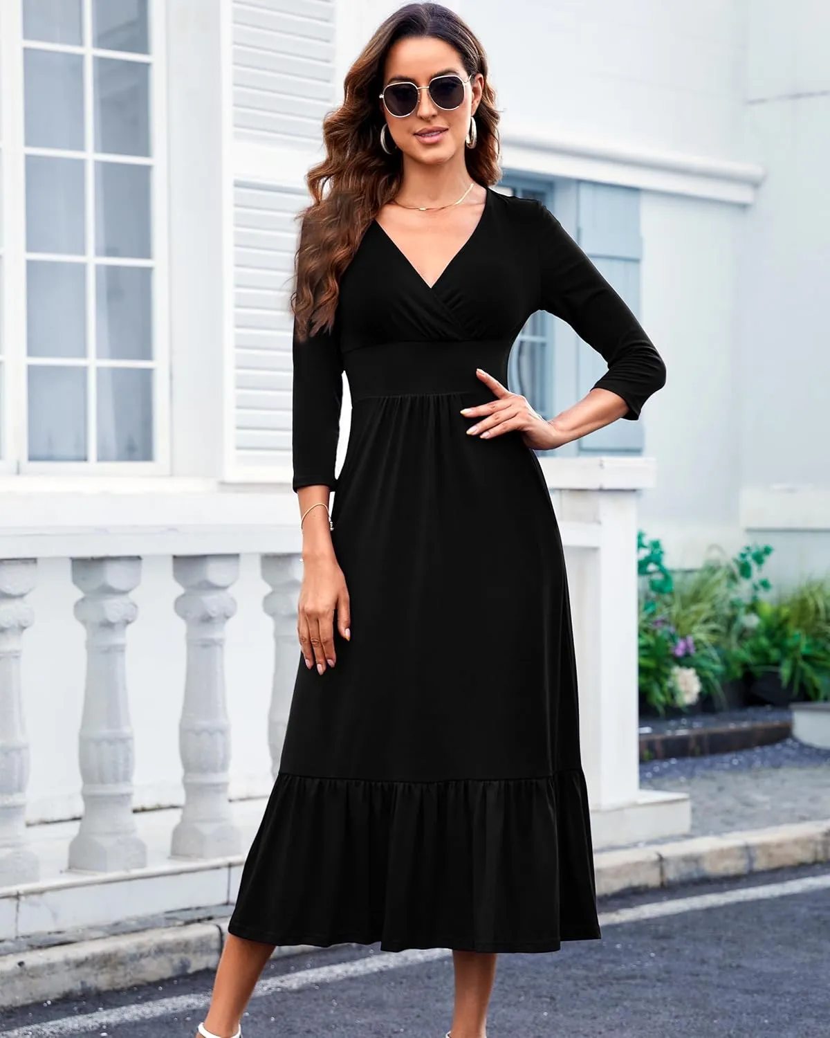 Summer Dresses for Women 2025 V Neck Sleeveless Empire Waist Maxi Dress Ruffle Hem A-Line Flowy Long Casual Dresses