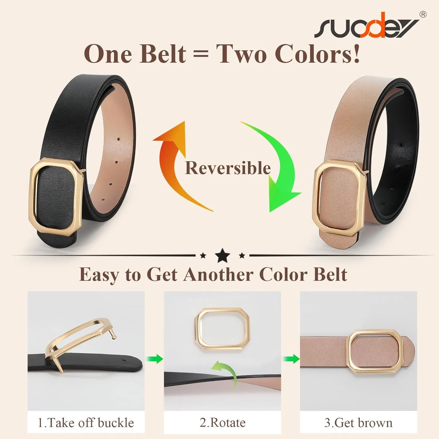 SUOSDEY Women Reversible Leather Belt for Jeans Pants Dresses Ladies Waist Belt, 1.3" Width