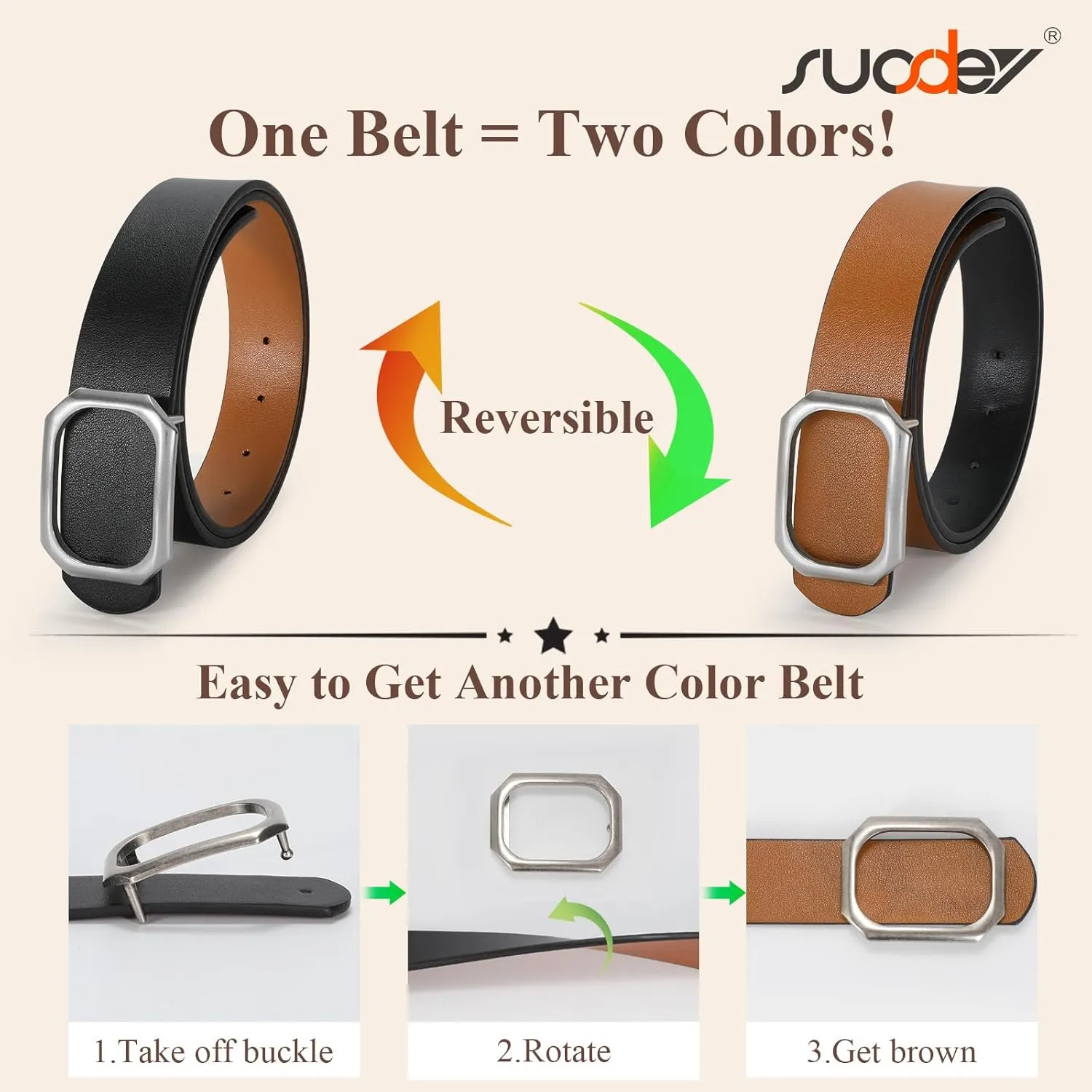SUOSDEY Women Reversible Leather Belt for Jeans Pants Dresses Ladies Waist Belt, 1.3" Width