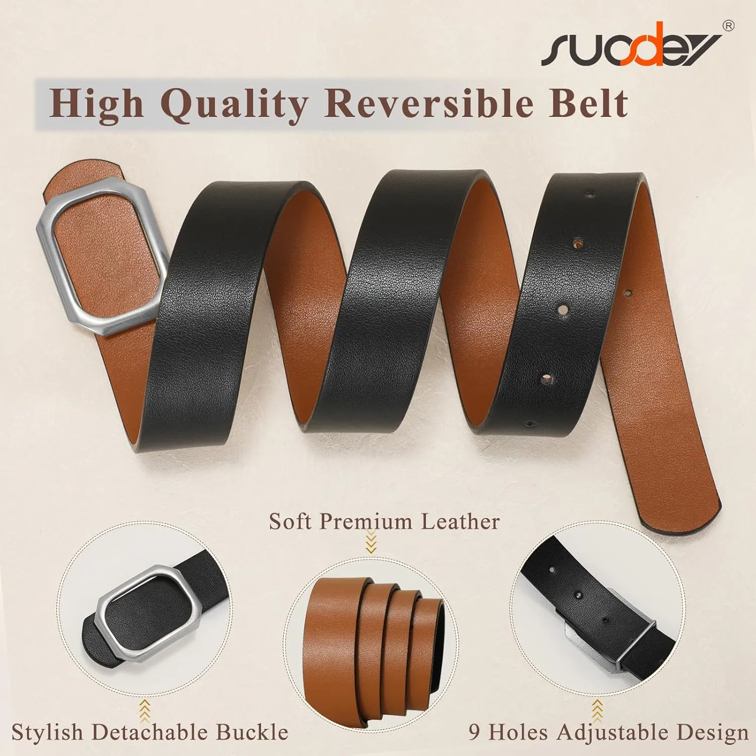 SUOSDEY Women Reversible Leather Belt for Jeans Pants Dresses Ladies Waist Belt, 1.3" Width
