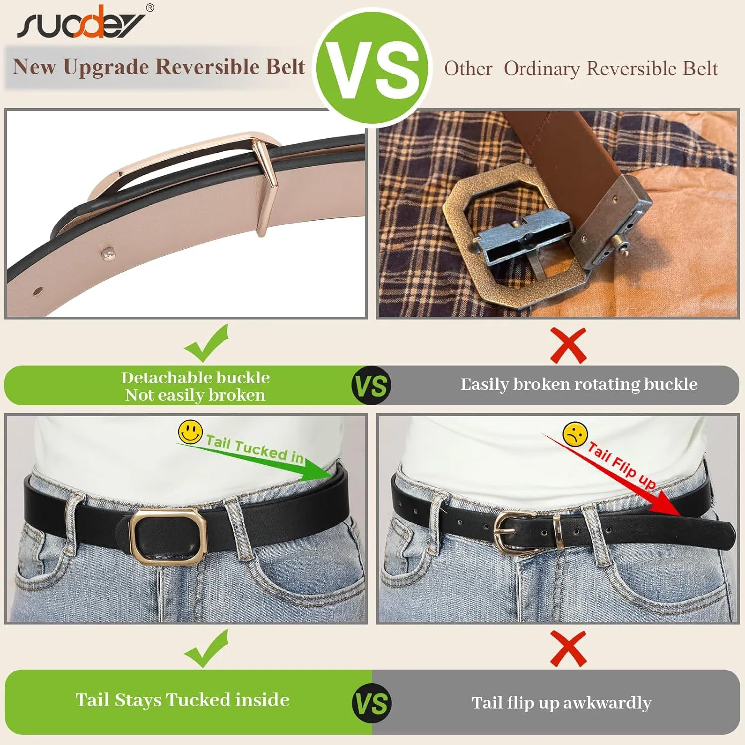 SUOSDEY Women Reversible Leather Belt for Jeans Pants Dresses Ladies Waist Belt, 1.3" Width