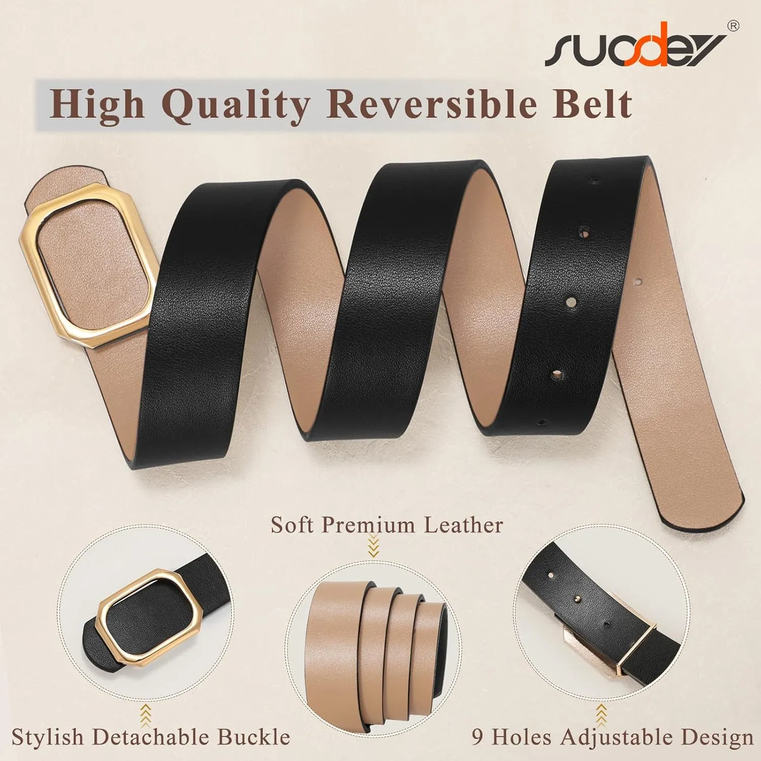 SUOSDEY Women Reversible Leather Belt for Jeans Pants Dresses Ladies Waist Belt, 1.3" Width