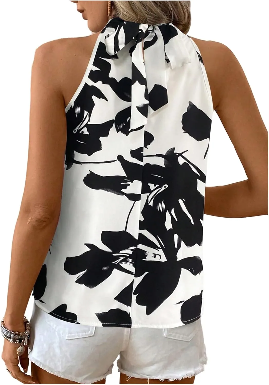 SweatyRocks Women's Boho Printed Halter Top Tie Mock Neck Sleeveless Blouses