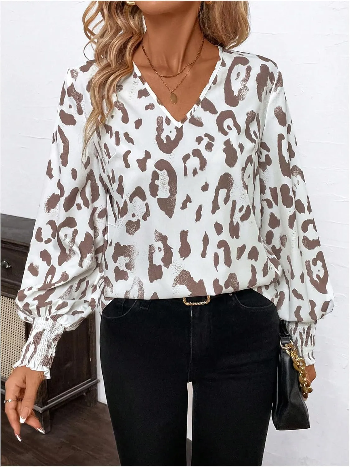 SweatyRocks Women's Leopard Print V Neck Long Lantern Sleeve Shirred Blouse Shirt Tops