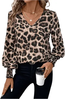 SweatyRocks Women's Leopard Print V Neck Long Lantern Sleeve Shirred Blouse Shirt Tops