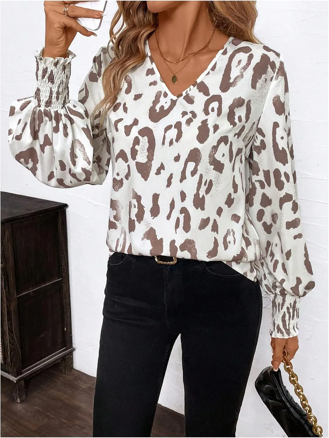 SweatyRocks Women's Leopard Print V Neck Long Lantern Sleeve Shirred Blouse Shirt Tops