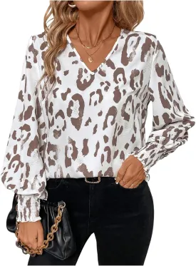 SweatyRocks Women's Leopard Print V Neck Long Lantern Sleeve Shirred Blouse Shirt Tops
