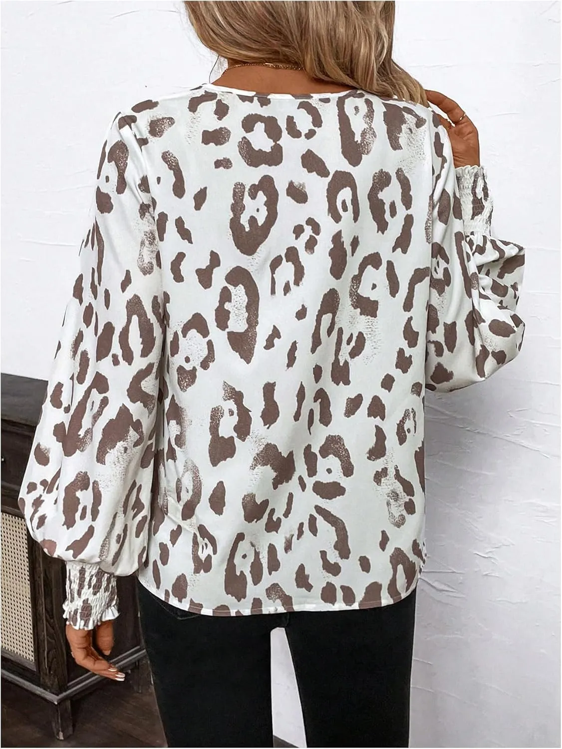 SweatyRocks Women's Leopard Print V Neck Long Lantern Sleeve Shirred Blouse Shirt Tops