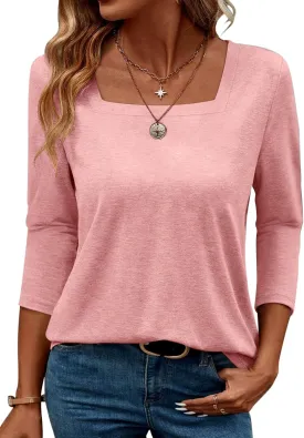 TICTICMIMI Women's Square Neck 3/4 Sleeve Tops Casual Pullover T Shirts Summer Basic Loose Fit Tunic Blouse