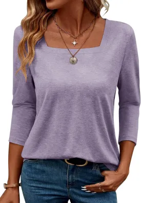 TICTICMIMI Women's Square Neck 3/4 Sleeve Tops Casual Pullover T Shirts Summer Basic Loose Fit Tunic Blouse