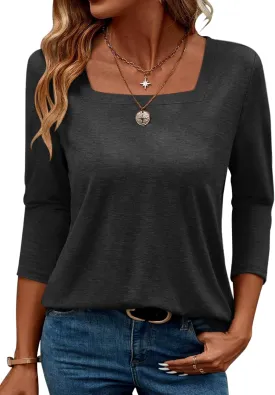 TICTICMIMI Women's Square Neck 3/4 Sleeve Tops Casual Pullover T Shirts Summer Basic Loose Fit Tunic Blouse