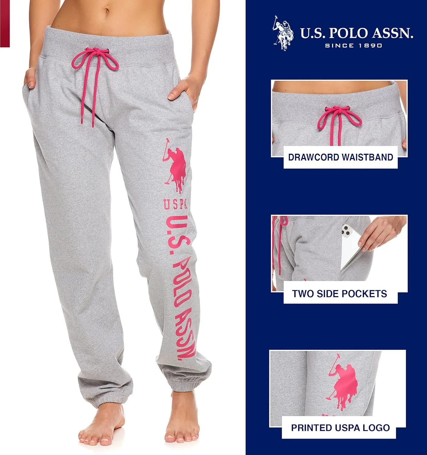 U.S. Polo Assn. Essentials Womens Sweatpants with Pockets, Comfy and Breathable French Terry Joggers for Women