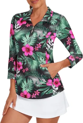 Viracy 3/4 Sleeve Womens Golf Shirts Quick Dry Quarter Zip Workout Tennis Polo Tops with Pocket