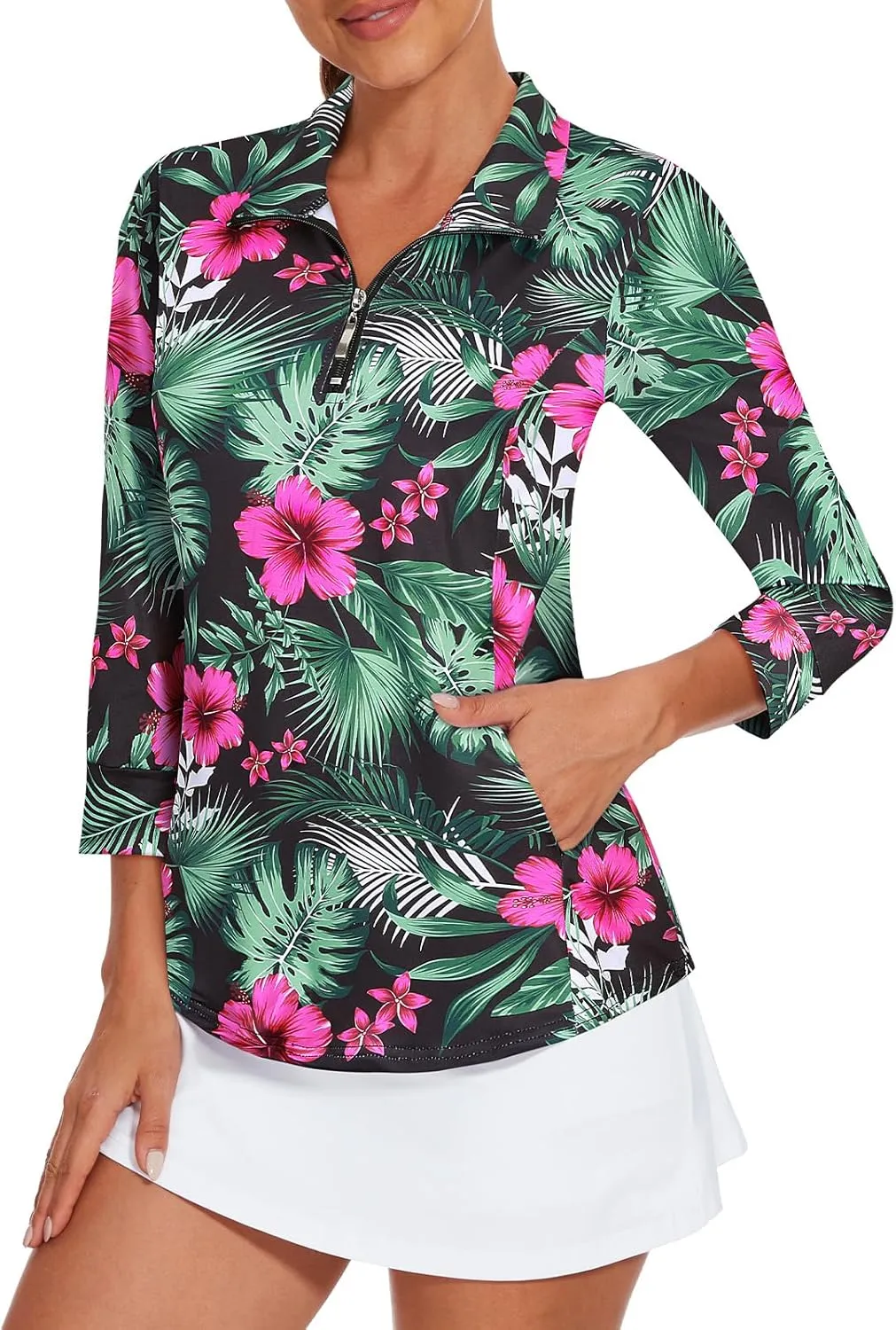Viracy 3/4 Sleeve Womens Golf Shirts Quick Dry Quarter Zip Workout Tennis Polo Tops with Pocket