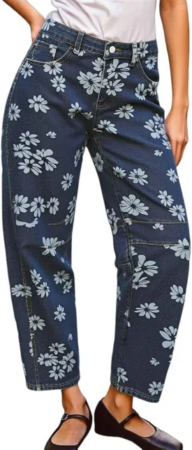 Women Barrel Y2k Jeans Baggy Wide Leg Boyfriend Floral Printed Patchwork Vintage Denim Pants 2025 Trendy