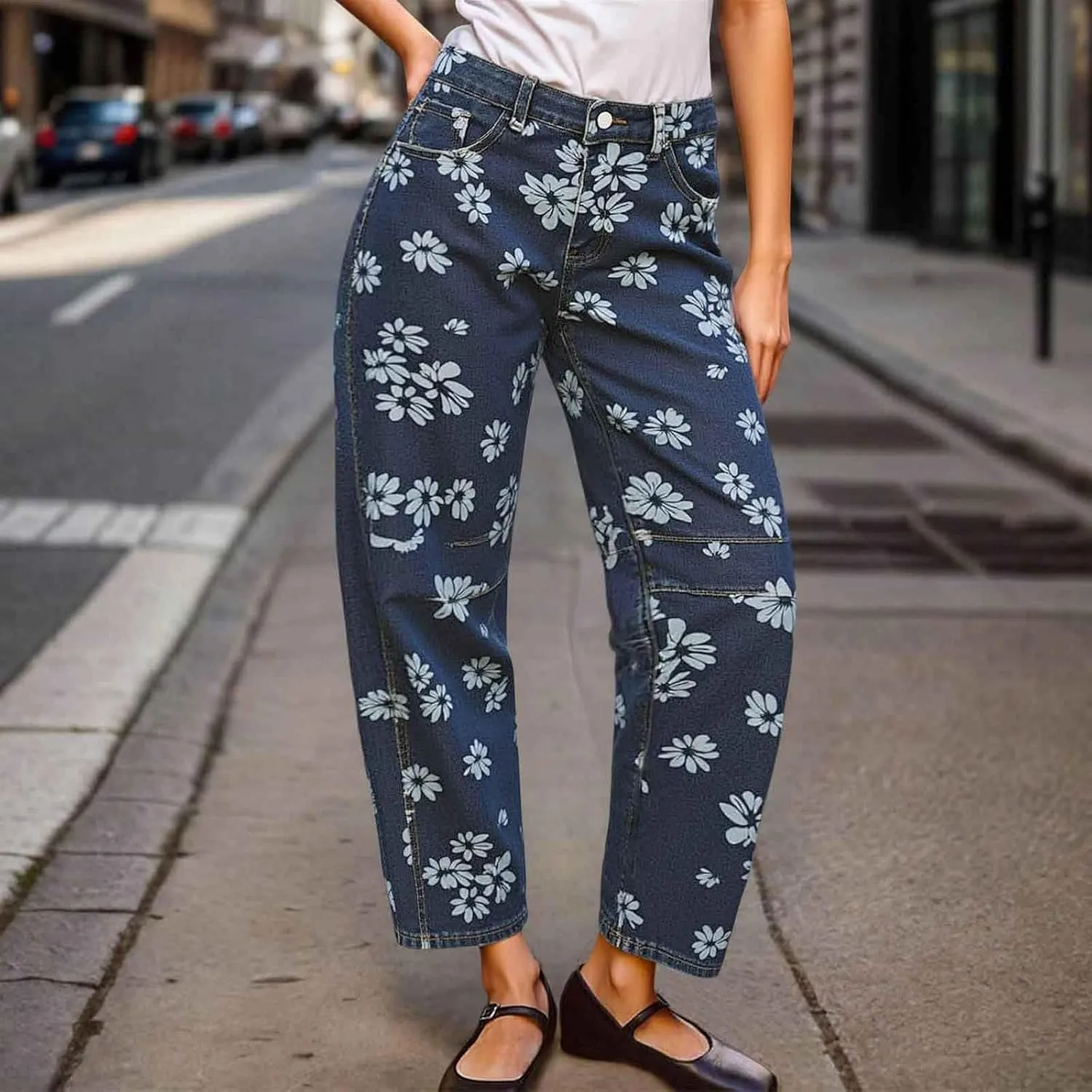Women Barrel Y2k Jeans Baggy Wide Leg Boyfriend Floral Printed Patchwork Vintage Denim Pants 2025 Trendy