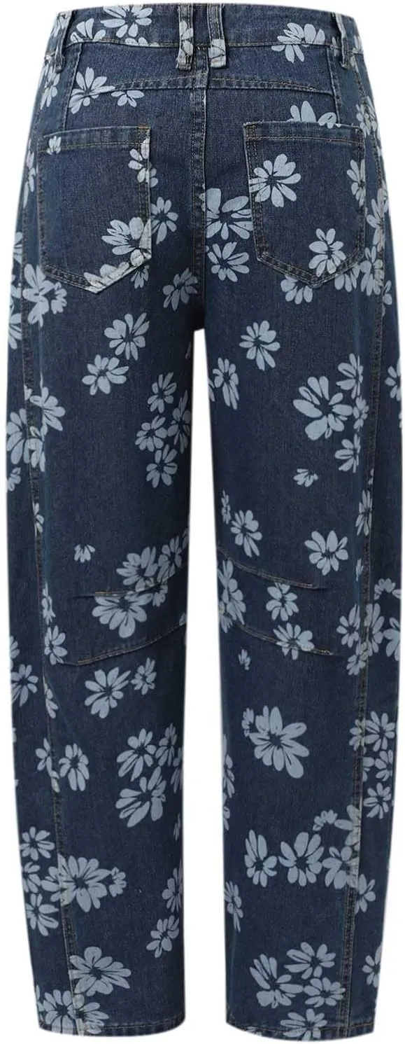 Women Barrel Y2k Jeans Baggy Wide Leg Boyfriend Floral Printed Patchwork Vintage Denim Pants 2025 Trendy