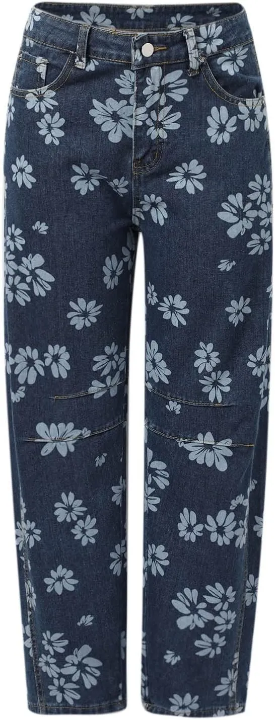 Women Barrel Y2k Jeans Baggy Wide Leg Boyfriend Floral Printed Patchwork Vintage Denim Pants 2025 Trendy