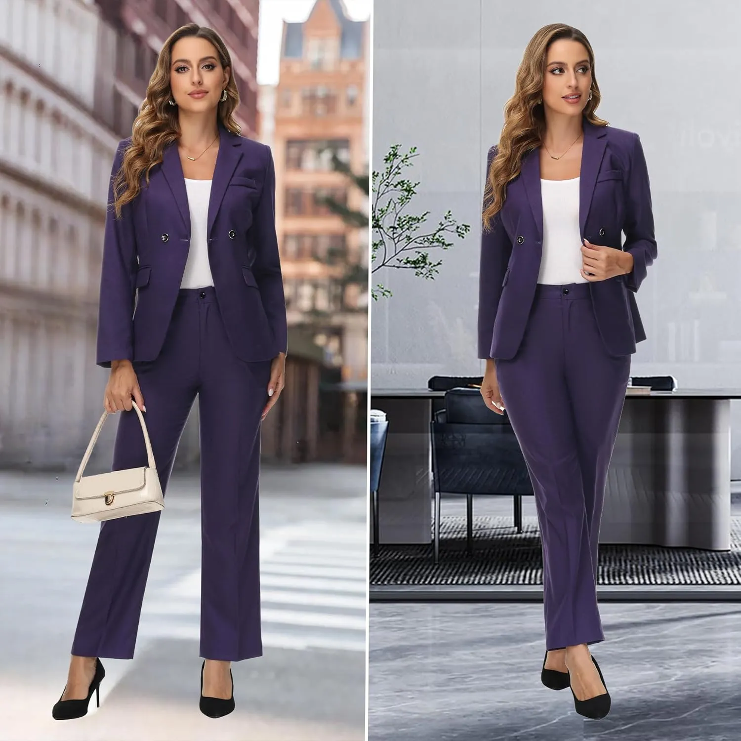 Women's Plaid Suit 2 Piece Set Work Dresses Blazer Pants Suiting for Women Office Outfits