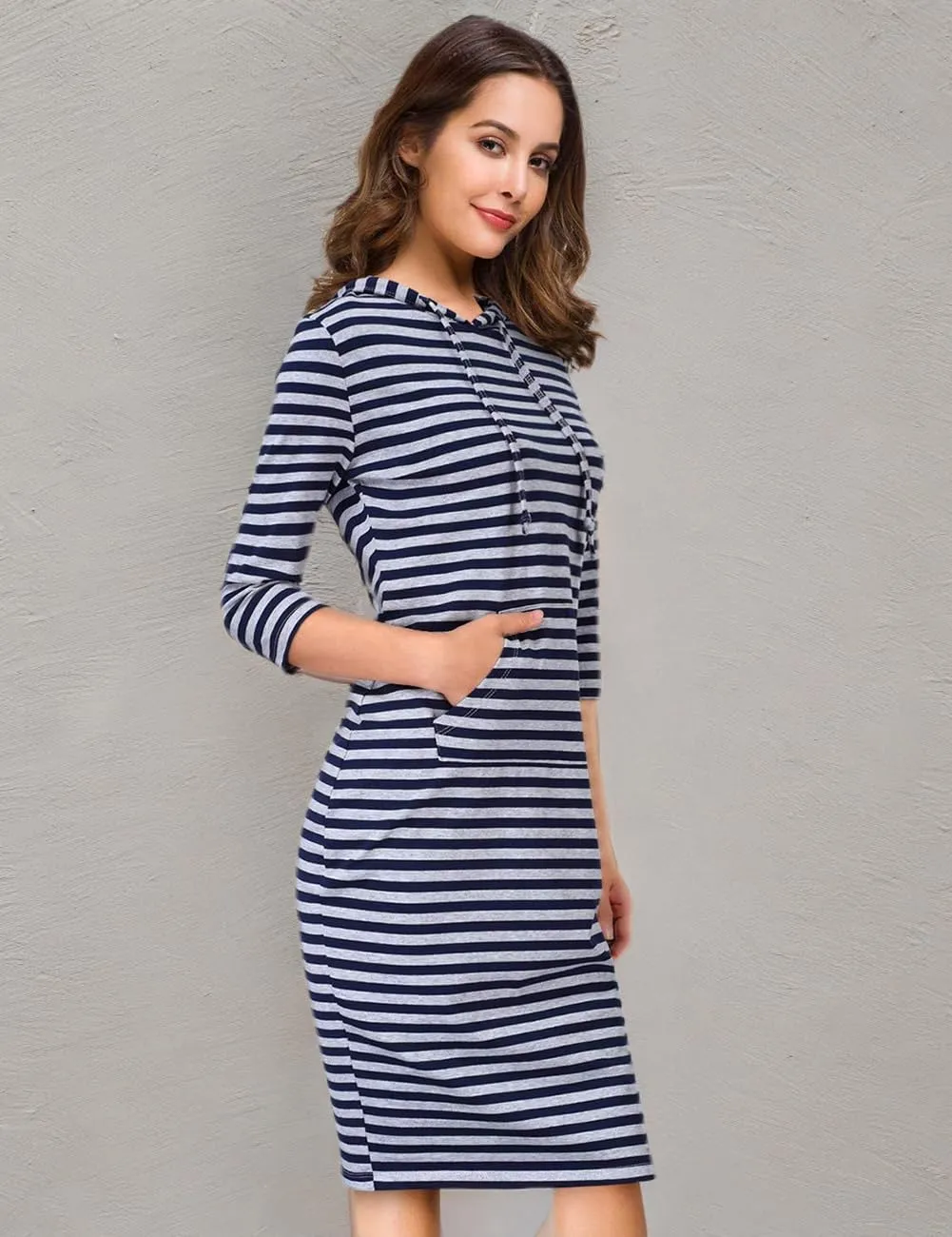 Women's Stripe Pocket Knee Length Slim Pullover Hoodie Dress