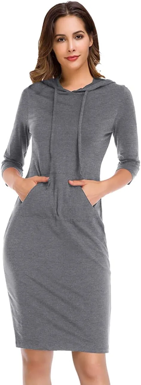 Women's Stripe Pocket Knee Length Slim Pullover Hoodie Dress