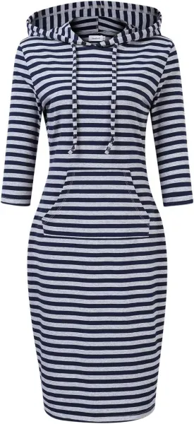 Women's Stripe Pocket Knee Length Slim Pullover Hoodie Dress