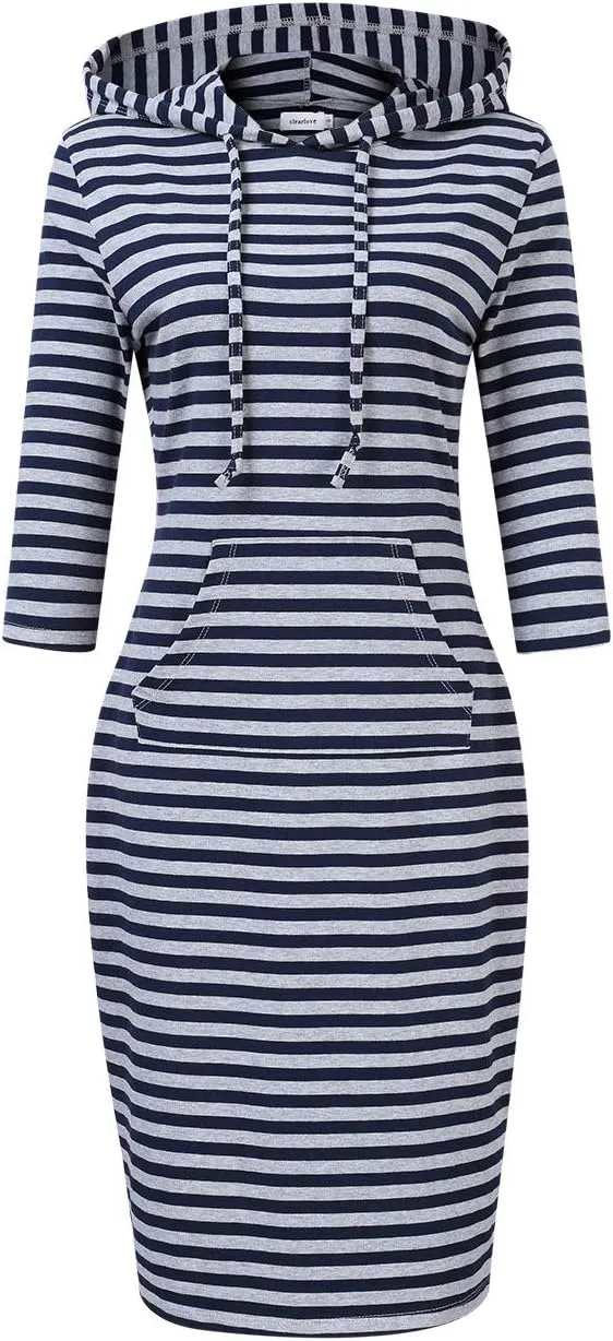 Women's Stripe Pocket Knee Length Slim Pullover Hoodie Dress