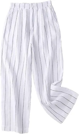 Womens Stripes Cotton Linen Pants, Summer Lightweight Boho Wide Leg High Waist Casual Lounge Trousers with Pockets New
