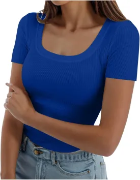 Womens Summer Short Sleeve Tops Square Neck Ribbed Slim Fitted Shirts Casual Tee Tshirt Couples Christmas Shirts