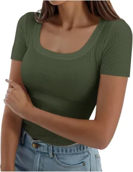 Womens Summer Short Sleeve Tops Square Neck Ribbed Slim Fitted Shirts Casual Tee Tshirt Couples Christmas Shirts
