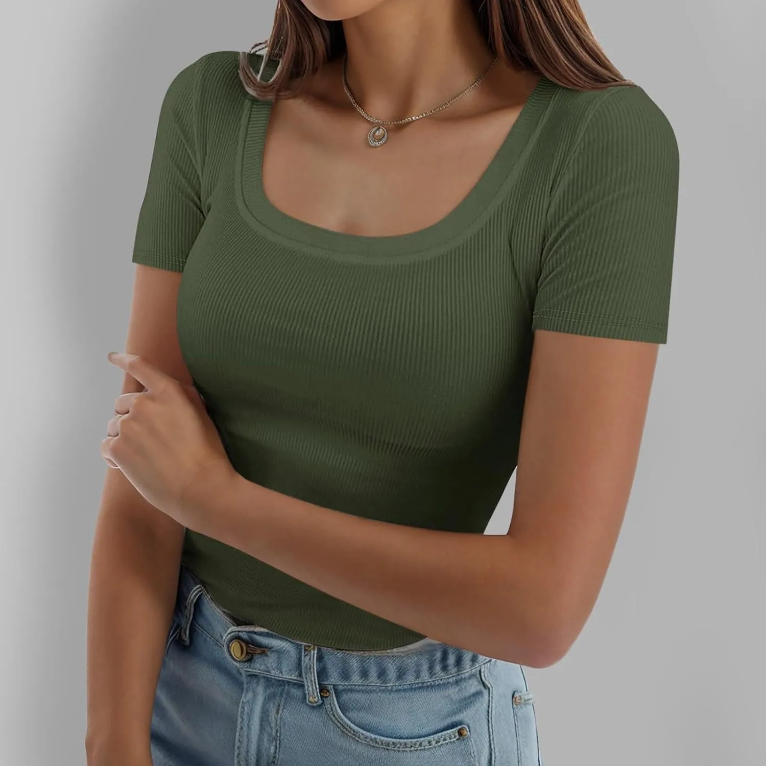 Womens Summer Short Sleeve Tops Square Neck Ribbed Slim Fitted Shirts Casual Tee Tshirt Couples Christmas Shirts