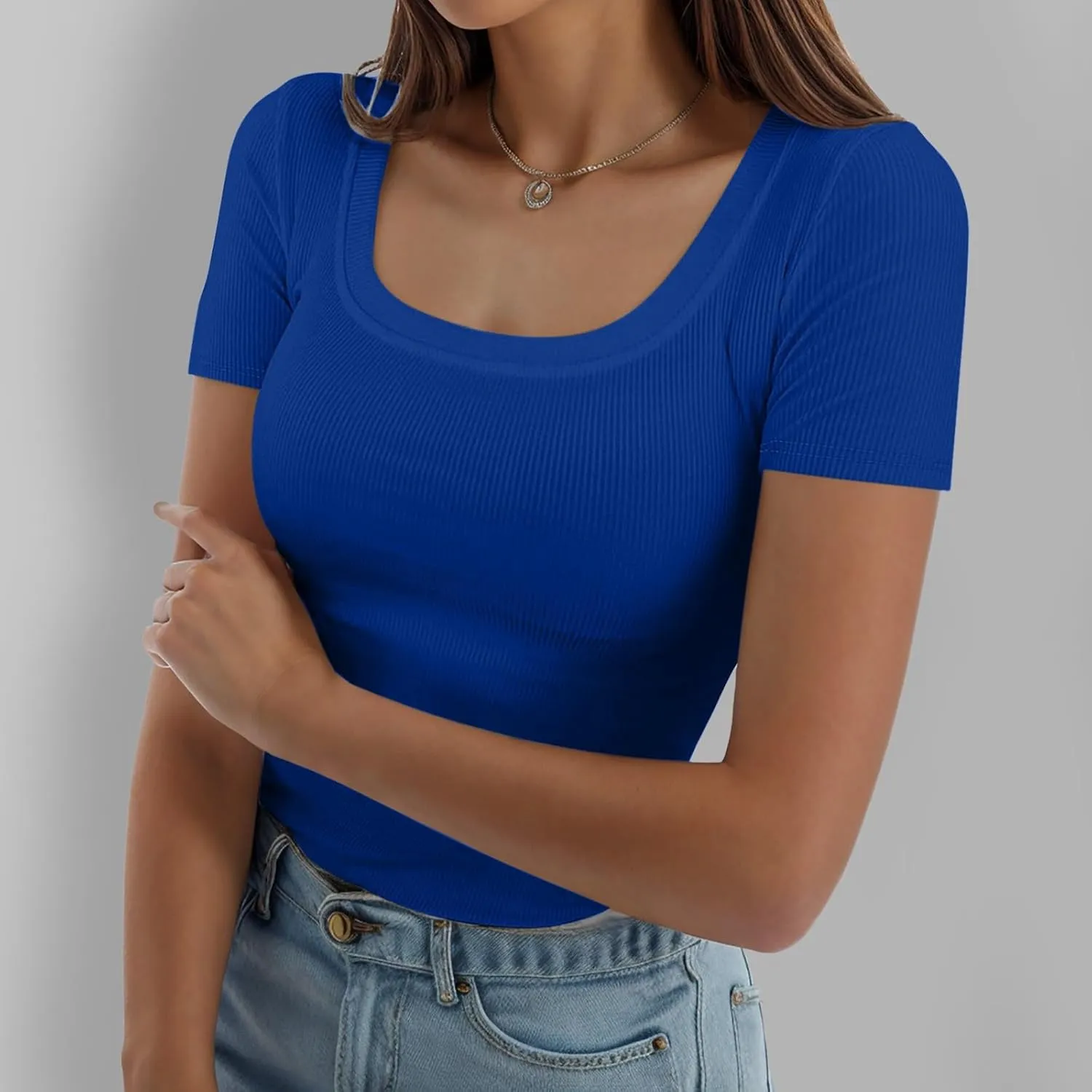 Womens Summer Short Sleeve Tops Square Neck Ribbed Slim Fitted Shirts Casual Tee Tshirt Couples Christmas Shirts