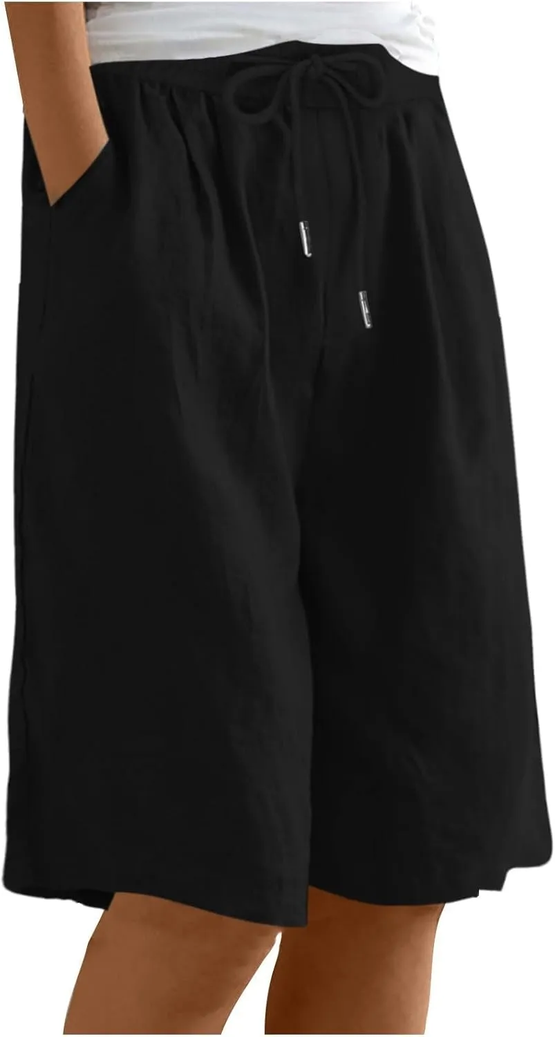 yardsong Bermuda Shorts for Women Cotton Linen Knee Length Shorts Drawstring Elastic Waist Casual Short Pants with Pockets