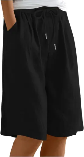 yardsong Bermuda Shorts for Women Cotton Linen Knee Length Shorts Drawstring Elastic Waist Casual Short Pants with Pockets