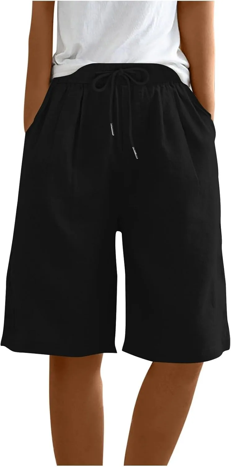 yardsong Bermuda Shorts for Women Cotton Linen Knee Length Shorts Drawstring Elastic Waist Casual Short Pants with Pockets